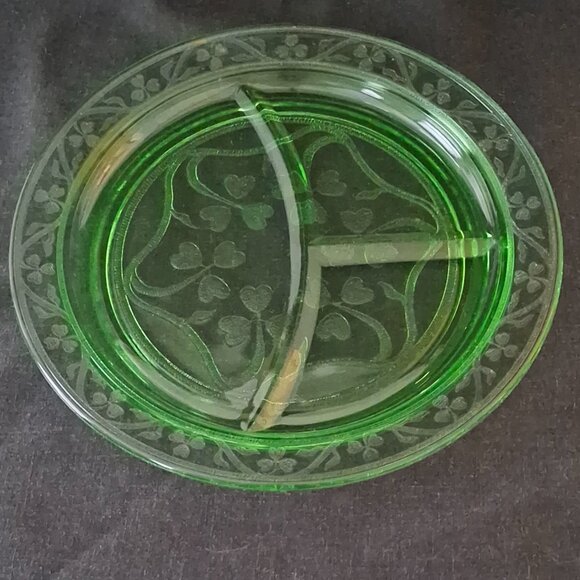 Vintage Depression Glass Hazel Atlas Green Cloverleaf 3 Part Grill Plate 10.25" - Picture 2 of 6